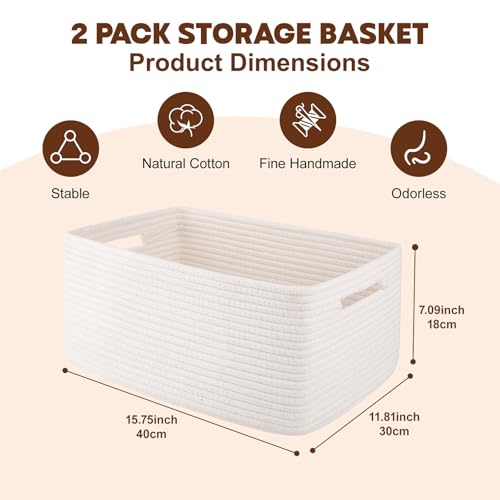 OIAHOMY Storage Basket for Shelves, Closet Cube Storage Bins Baskets for Clothes Blanket Towels, Baby Nursery, Toy Baskets Box, Woven Rope Basket, 15.75 * 11.81 * 7.09 IN, 2 Packs White - color: White, size: 15.75*11.81*7.09
