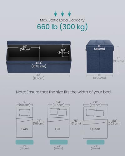 SONGMICS MAZIE Collection - 43 Inches Folding Storage Ottoman Bench, Ottoman Foot Rest, End of Bed Bench, Storage Chest, Load 660 lb, for Living Room, Bedroom, Entryway, Midnight Blue ULSF77IN - color: Midnight Blue, size: 15"D x 43"W x 15"H