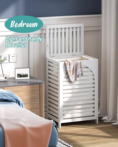 White Laundry Hamper, 22.5 Gallon (85L) Bamboo Wood Clothes Laundry Basket with Lid and Handles, Removable Liner - color: White, size: Large