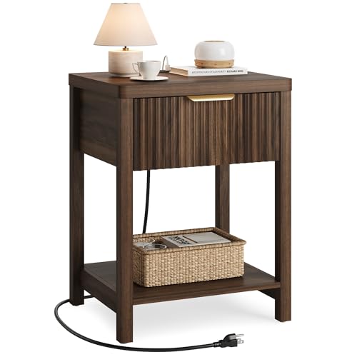 Lulive Fluted Modern Night Stand, Nightstand with Charging Station, Wood Modern Bedside End Table with Storage Drawer for Bedroom, Save Space (Set of 1, Walnut) - color: Walnut, size: 1 Drawer-Set of 1 Nightstand