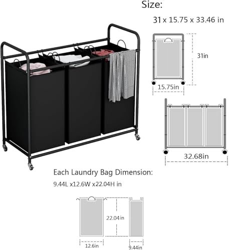 LINZINAR 3-Bag Laundry Basket, Black Laundry Hamper, 35.6 Gal(135 L) Laundry Sorter Cart Laundry Room Organization with Heavy Duty Rolling Lockable Wheels and Removable Bags - size: 3 Bags Black