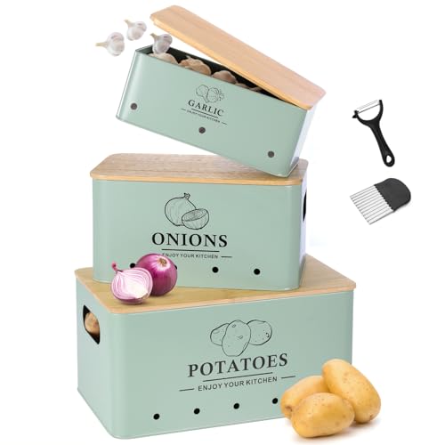 Kitchen Vegetable Storage Set of 3, Metal Onion Garlic Potato Storage Set, Kitchen Canisters Vegetable Keeper Containers with Aerating Holes and Wooden Lid (Sage Green) - color: Sage Green
