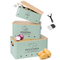 Kitchen Vegetable Storage Set of 3, Metal Onion Garlic Potato Storage Set, Kitchen Canisters Vegetable Keeper Containers with Aerating Holes and Wooden Lid (Sage Green) - color: Sage Green