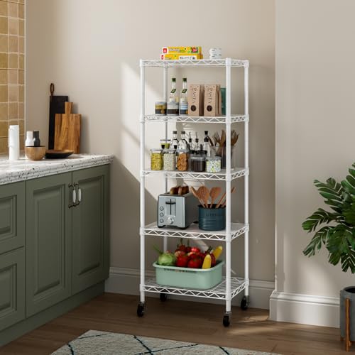 Golpart Small 5 Tier Shelves Storage Wire Shelving Unit Metal Shelf Adjustable Organizers Storage Shelving with Wheels for Bathroom Laundry Room Kitchen Pantry12”D x 18”W x 57.2”H White - color: White, size: 5 shelves (12 "D X 18 "W X 57.2 "H)