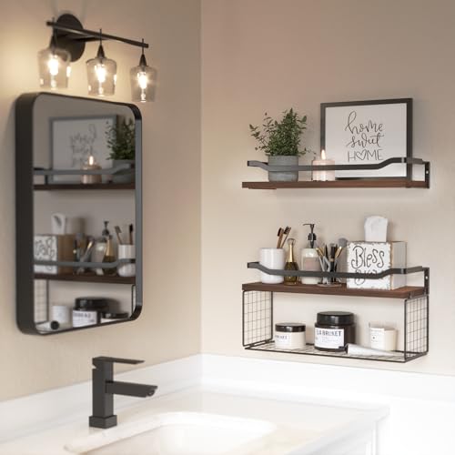 WOPITUES Floating Shelves with Wire Storage Basket, Bathroom Shelves Over Toilet with Protective Metal Guardrail, Wood Wall Shelves for Bathroom, Bedroom, Living Room, Toilet Paper- Dark Brown - color: Dark Brown