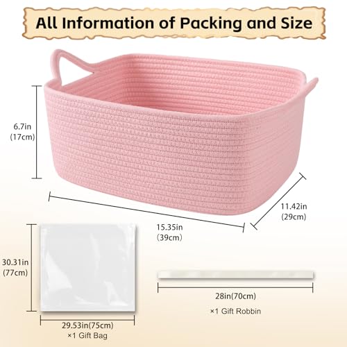 OIAHOMY 19L Woven Basket, Gift Basket Empty with Gift Bags and Ribbons, Rope Baskets for Baby Showers, Storage Baskets with Handles for Nursery, Pet Toy Organizer - Pink - color: Pink, size: Large: 15.35L*11.42W*6.7H