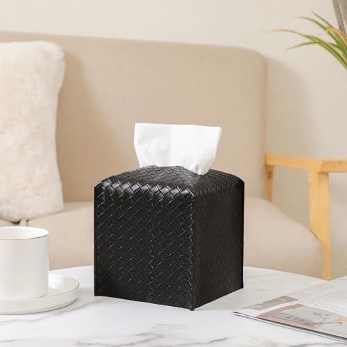 Tissue Box Cover PU Leather Tissue Holder Square Facial Tissue Case Facial Paper Organizer Dispenser for Bathroom, Vanity Countertop, Tabletop, Car, Black - color: Black, size: Square