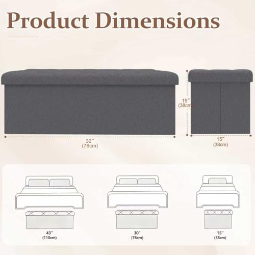 30 inch Storage Ottoman Bench, 30 inch Folding Storage Bench Ottoman, for Bedroom, Living Room, and Utility Room, Grey (30'' W) - size: 15"D x 30"W x 15"H