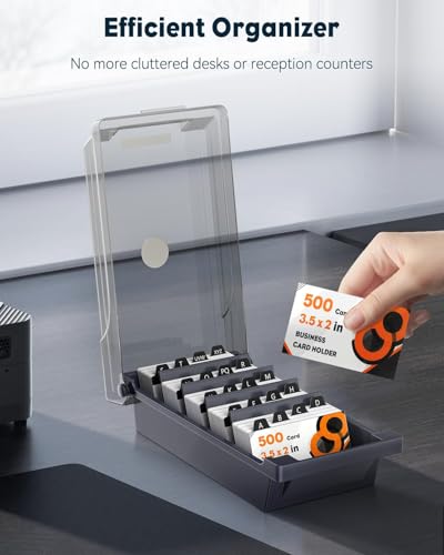 Uniclife Business Card Holder for Desk, Large Plastic Business Card Organizer Business Card Box with Lid, Dividers & A-Z Index Tabs, Desktop Index Card Holder, Name Card Storage Box, 500 Card Capacity - size: Medium