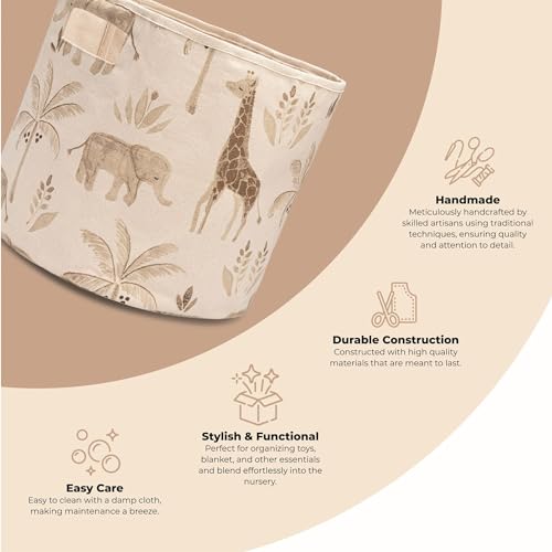 Crane Baby Fabric Round Nursery Storage Basket, Toy Storage, Safari Animal, 13"x12", Toy Basket, Baby Storage Organizer, Toy Organizers and Storage Bins, Baby Organizers and Storage, Toy Bins - size: 13 x 12 Inches, style: Safari Animals