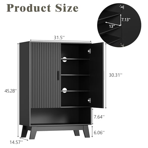 Shoe Cabinet Storage for Entryway, 5 Tier Fluted Shoe Storage Cabinet with Wooden Legs, Narrow Hidden Shoe Organizer with Adjustable Shelves, Freestanding Shoe Rack for Entryway, Hallway, Black - color: Black, size: 5 Tier