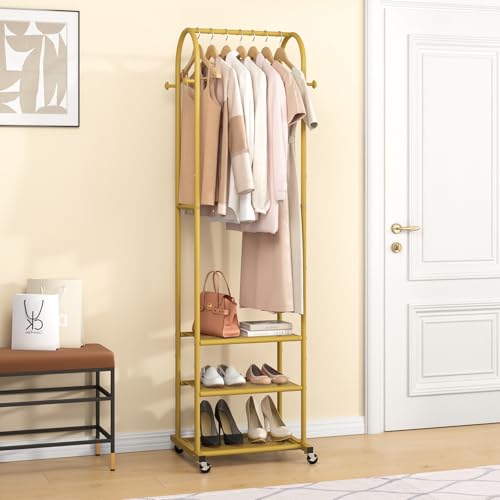 Kaitiemoo Heavy Duty Clothing Rack with Wheels,Modern Garment Rack with 3 Metal Shelves, 71.8Inches Display Rack for Hanging Clothes, Hanging Rod for Small Space,Gold - color: Gold