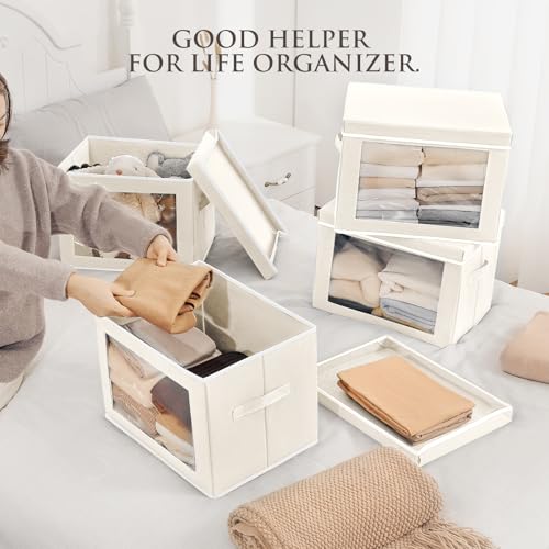 Homsorout Storage Bins with Lids, 3 Pack Large Storage Cubes with Window, Closet Bins with Lids & Handles, Fabric Box for Organizing Clothes, Towels, Books, Beige - color: Beige, size: XL(3-Pack)