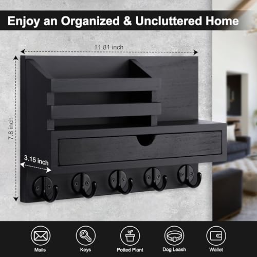 Key Holder Wall Mount, Mail Holder with Storage Drawer and 5 Key Hooks for Coat, Dog Leash, Home Decor Rack, House Accessories, Entry Way Organizer - color: Black, size: Standard - 11.8 Inch