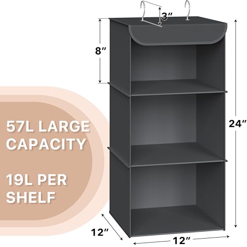 Simple Houseware 3-Shelf Hanging Closet Organizer, Fabric Storage Shelves with 57L Capacity, Dark Gray - color: Dark Grey