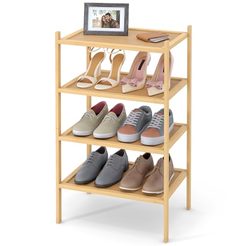 Smiry Bamboo Small Shoe Rack, 4 Tier Shoe Organizer for Entryway & Closet, Stackable Free Standing Storage Shelf for Shoes, Bags & Plants, Natural - color: Natural, size: 4 Tier - Small