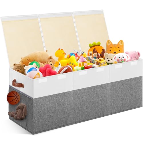 Extra Large Toy Storage Box with Lid, Collapsible Sturdy Toys Chest Storage Organizer Bin Basket with Divider for Kids, Boys, Girls, Closet, Playroom, Bedroom, Nursery, 40"X14"X16", Gray & White - color: Extra Large Gray & White