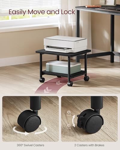 VASAGLE Printer Stand with Locking Wheels, Industrial Mobile Cart, Under Desk Printer Table for Home Office, 18.9 x 15.7 x 13.4 Inches, Storage Shelf, 2-Tier, Ebony Black - color: Ebony Black, size: 2 Tiers/Compact
