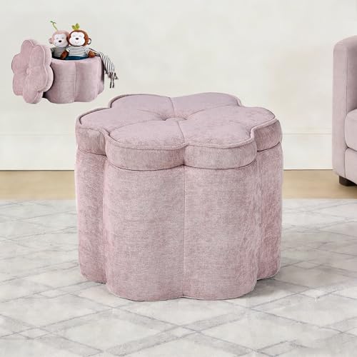 Small Pink Storage Ottoman, Flower Shape Chenille Ottoman Pouf, 19.5''x19.5''x14.5''H Seating Foot Rest, Holds 300 LBS, Pink Pouf Ottoman for Bedroom Living Room Entryway Home Decor - color: Sandy Pink