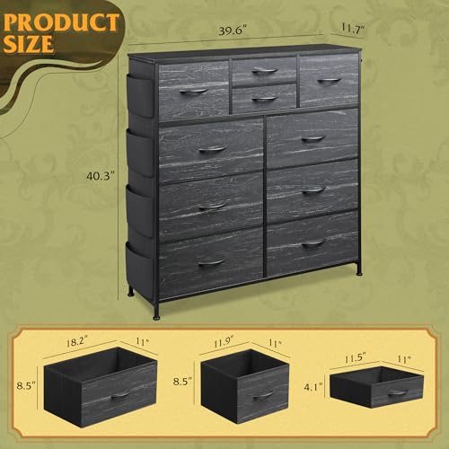 WLIVE Dresser for Bedroom with 10 Drawers, Fabric Dresser Chest of Drawers with Side Pockets and Hooks, Sturdy Metal Frame, Drawers Organizer Unit for Room, Hallway, Charcoal Black Wood Grain Print - color: Charcoal Black Wood Grain Print