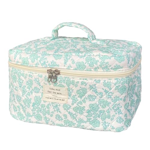 Green Large Quilted Floral Makeup Bag Cute Soft Coquette Aesthetic Cosmetic Bag Cotton Travel Toiletry Bag for Women - color: A-Green