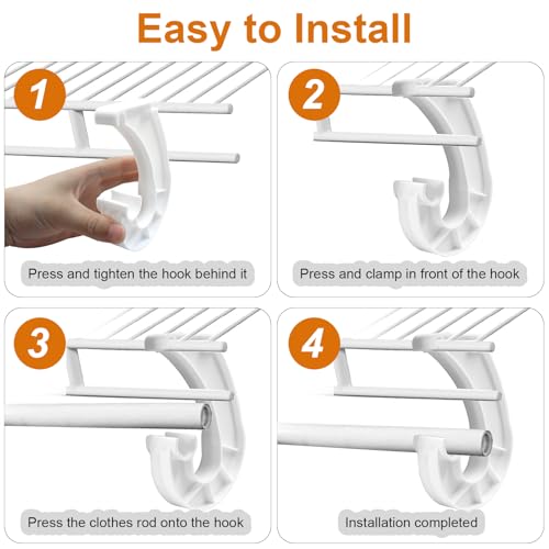4Pcs Hanging Closet Rod Support, 3/4 Closet Shelf Rod Holder, White J-Shaped Closet Brackets for Hanging Clothes,Cabinets Storage and Curtain
