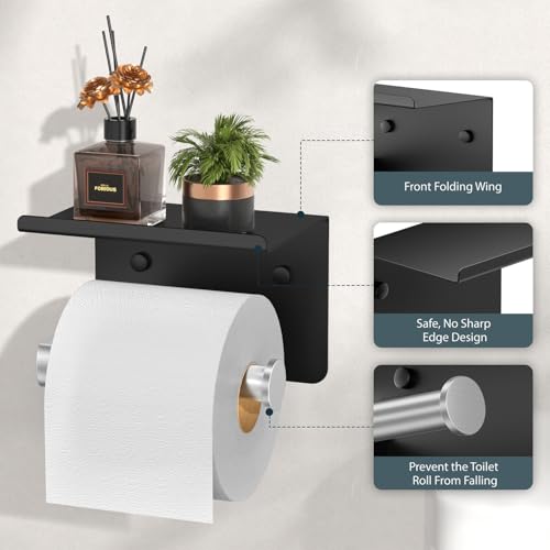 FORIOUS Toilet Paper Holder with Shelf, Adhesive or Screw Wall Mount Toilet Paper Roll Holder for Bathroom, Rustproof 304 Tissue Dispenser with Phone Shelf (1, Matte Black & Brushed Nickel) - color: Matte Black & Brushed Nickel