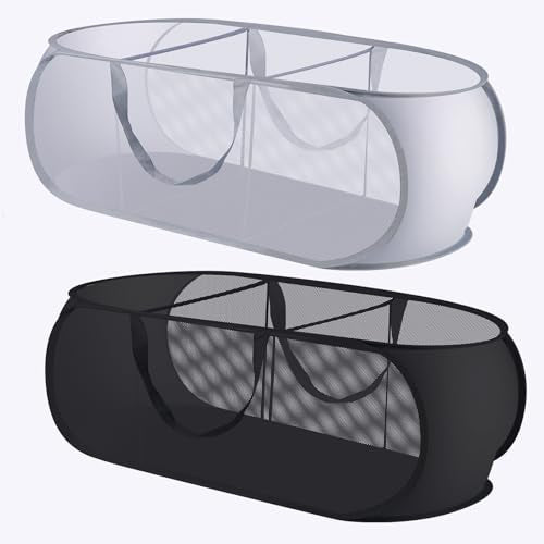 FACULX 2 Pack Up Hampers for Laundry, 3 Compartments Mesh Folding Laundry Basket Collapsible, Mesh Laundry Hamper for Laundry Room, Bathroom, Room, College Dorm or Travel (Grey and Black) - color: grey and black