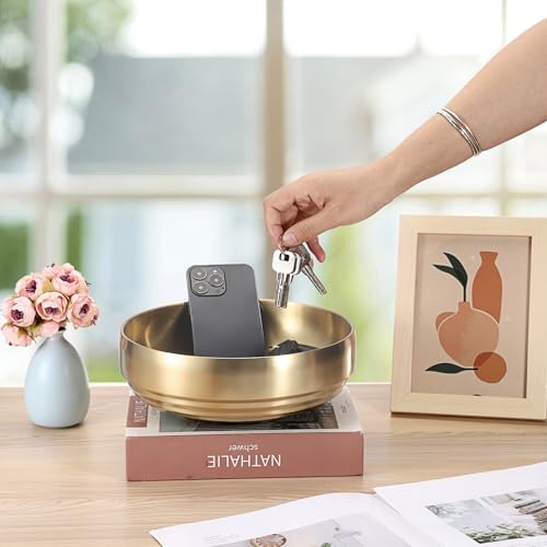 9.1 Inches Stainless Steel Bowl Decorative Key Bowl Golden Serving Bowl for Snack Fruit Dish Round Key Dish for Entryway Table Coffee Table Kitchen Counter - color: Gold, size: 9.1 Inches