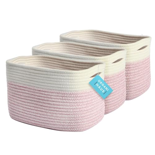 OrganiHaus Rope Baskets for Shelves - Set of 3 Woven Storage Baskets for Organizing, Closet & Toy Storage - Pink/Off-White - 15x9x10 - color: Pink / Off-White