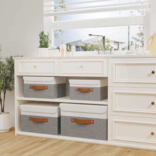 OUTBROS Storage Boxes, Collapsible Storage Bins with Lids, Cotton and linen cloth Storage Baskets with Handle, for Books, Closet, Bedroom, Home, 10.2x7.9x6.7 in, White/Grey - color: White/Grey, size: 10.2x7.9x6.7in(1-pack)