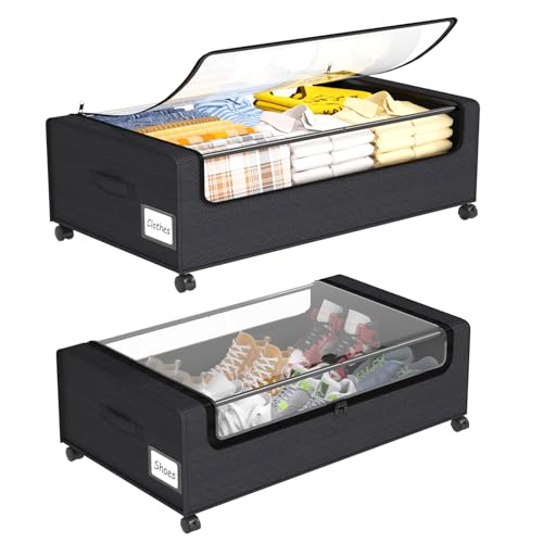 Under Bed Shoe Storage Organizer, 10 Inch Rolling Underbed Drawers for Clothes, Blankets, Winter Clothing & Shoes - Metal Frame Storage Bins with Handles, Dual Zippers, Clear Window 2 Pack Black - color: Black, size: 10 inch height