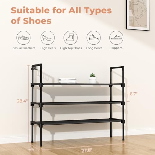 LANTEFUL 3 Tier Shoe Rack for Closet, Shoe Organizer with 5 Hooks, Long Shoe Shelf Storage for Sneaker and Boot Stackable Free Standing Shoe Rack for Entryway, Garage, Small Spaces, Dorm - color: Black, size: 27.8"W - 3 Tier
