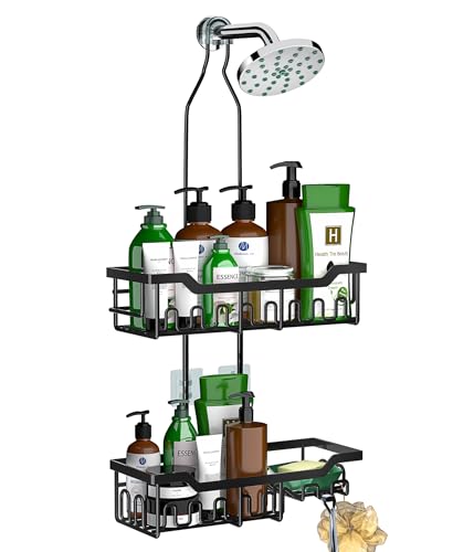 Shower Caddy Hanging Organizer, Extra Large Rack Over Showerhead with Hooks, Adjustable Height Shower Caddy for Big Shampoo Bottle, Black - color: Black - 2 Tier - XL