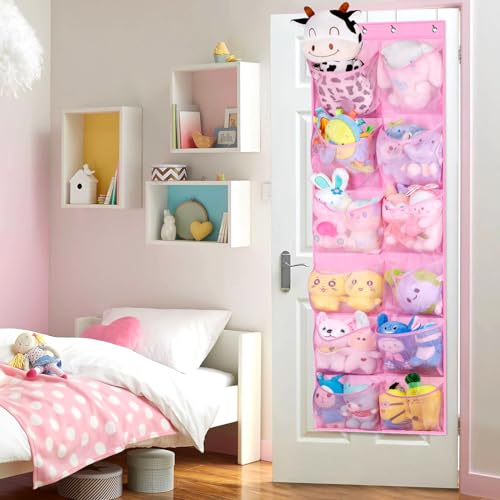 KIMBORA 12 Large Mesh Pockets Over the Door Shoe Organizer for Closet Hanging Shoe Rack for Door Sneaker Hanger Boot Storage for Kids, Baby, Toddler, Girl, Pink - color: Pink