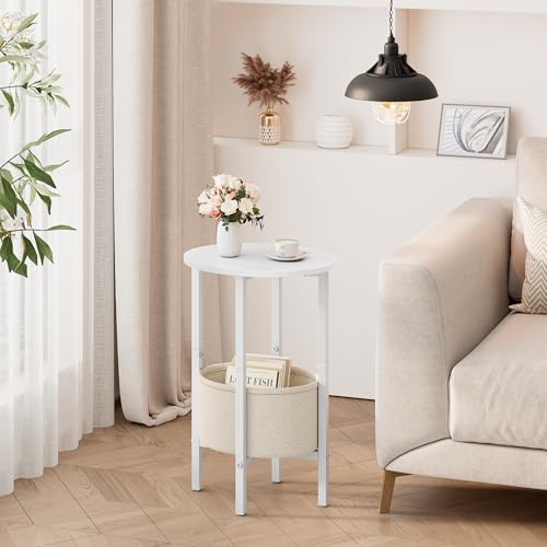 Vagusicc Round Side Table End Table with Storage Basket, Small Side Table Round Nightstand for Small Spaces, Tall Oval End Table with Steel Frame, Coffee Bedside Table for Living Room Bedroom, White - color: White