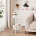 Vagusicc Round Side Table End Table with Storage Basket, Small Side Table Round Nightstand for Small Spaces, Tall Oval End Table with Steel Frame, Coffee Bedside Table for Living Room Bedroom, White - color: White