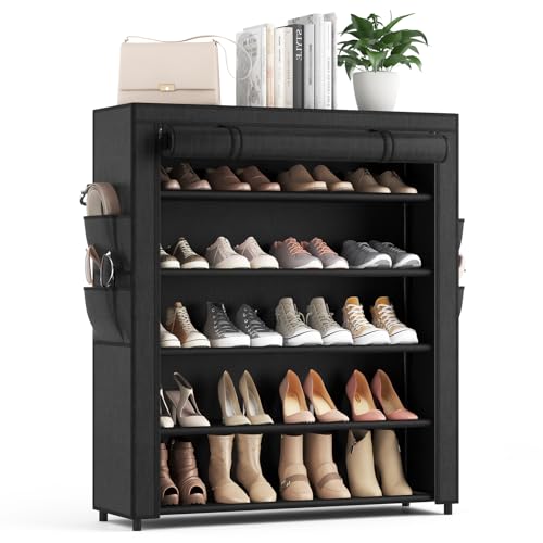 VILICK Shoe Rack with Cover, 5 Tier Shoe Organizer Storage for 20-24 Pair Shoes and Boots Large Shoe Storage Shelf Space Saving Vertical Shoe Rack for Closet, Front Door Entrance, Dorm, Garage - color: Black, size: 33.8"W-5 Tier