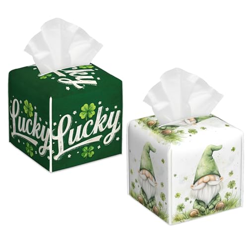 St.Patricks Day Tissue Box Cover Square,Lucky Four Leaf Clover Gnomes Tissue Box Holder Leather Facial Paper Case Modern Home Decoration for Bathroom Kitchen Bedroom Night Stands, 2 Pcs - color: Four Leaf Clover Gnomes