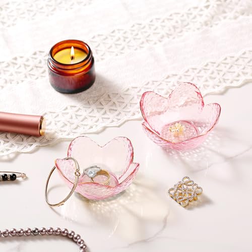 Gifts for Women Trinket Dish Flower Jewelry Dish Pink Glass Ring Holder Jewellery Tray Cute Room Decor Aesthetic Bedroom Accessories Unique Birthday New Home Mothers Day Gifts for Women Friends(2 pcs) - color: 2 Pcs Pink-9cm