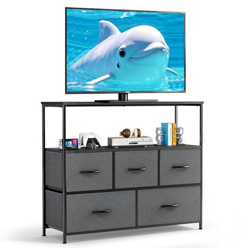 TV Stand, 5 Fabric Drawers Dresser Entertainment Center for TV up to 45 inch Wooden Media Console Table Storage Organizer with Open Shelf, for Living Room, Bedroom, or Small Space, Gray - color: Grey, size: 5 Drawers