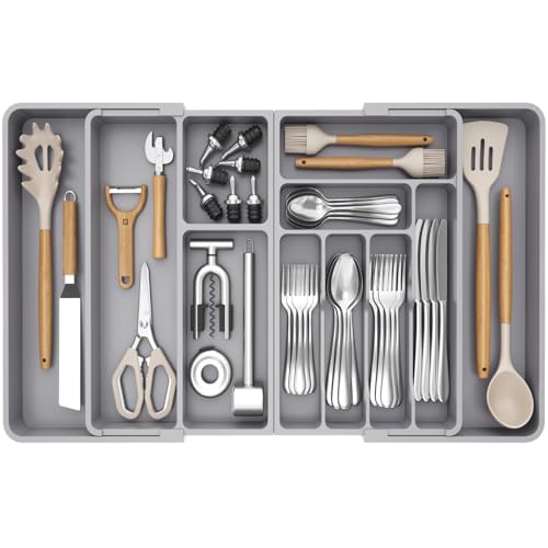 Lifewit Utensil Organizer for Kitchen Drawer, Expandable Cooking Silverware Tray, Adjustable Cutlery Flatware Holder, Plastic Spatula Tools Storage Divider, 21.3- 36 x 16.9", Gray - color: Gray, size: XXXL (21.3-36“W × 16.9"D)