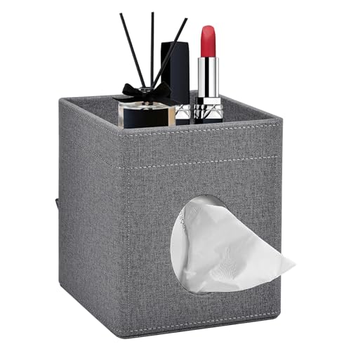 Tissue Box Cover with Storage Tray Square Tissue Box Holder PU Leather Facial Tissues Organizer Tray for Bathroom Vanity Bedroom Office Car,Stylish Napkin Caddy Decorative Organizer (Grey) - color: Grey