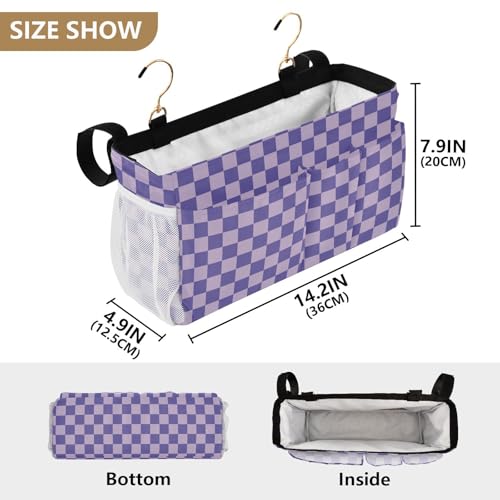 Purple Checkerboard Print Bedside Caddy Storage Bag Bedside Organizer for Bunk Bed Headboards College Organizer Caddy Hanging Shelf 6 Pockets with Hooks for Drinks Magazine Phone Holder - color: Checkerboard Purple