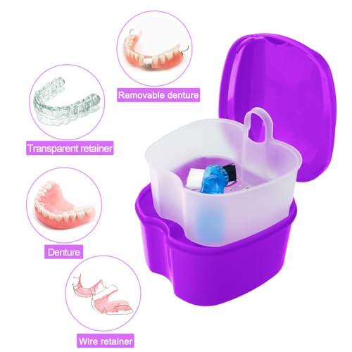 2 Pack Denture Bath Case Dental False Teeth Holder with Brush, Retainer Cleaning Case Denture Bath Cup Storage False Teeth Travel Case with Strainer - Purple and Dark Blue - color: Purple & Dark Blue