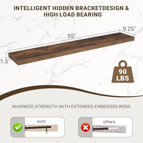 Acovy 55 Inch Floating Shelves, 55"x9.25"x1.5" Inch Deep Floating Shelves for Wall, Wooden Shelves for Bathroom, Bedroom, Living Room, Brown, 1 Piece - color: Brown, size: 55"x9.25"-1pc