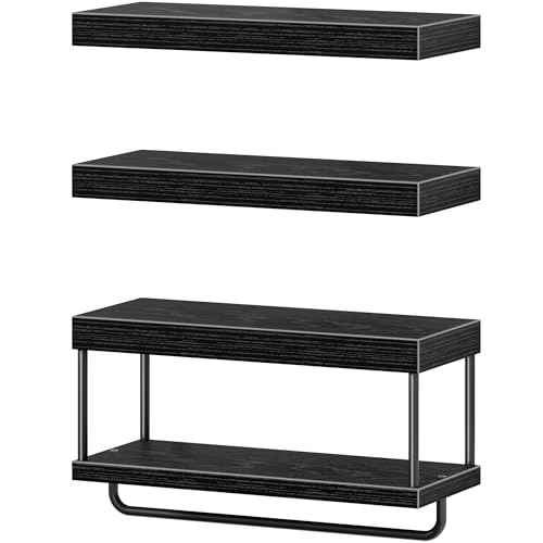 QEEIG Bathroom Floating Shelves Over Toilet - Wall Mounted Shelf Toilet Paper Storage Farmhouse 16 inch Set of 3, Black (027-40B3)