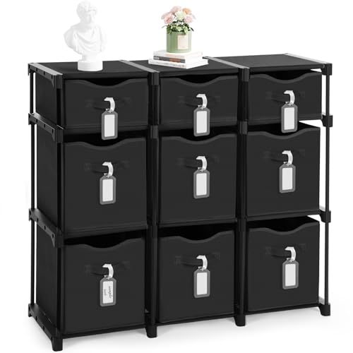 9 Cube Storage Organizer Shelf with Storage Bins and Label, 11 Inch Toy Cube Bins Clothes Closet Organizers Drawers Fabric Dresser for Living Room, Bedroom, Playroom, Dorm(Black) - color: Black