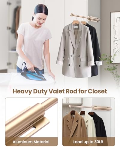 Supforce Valet Rod for Closet Pull Out, Retractable Slide Out Valet Rod Closet Organization, 12" Aluminum Valet Clothing Hanger Rods Perfect for Suits, Freshly Pressed Clothes, Gold - color: Gold, size: 12IN