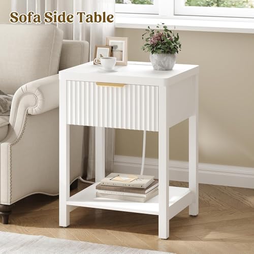 Lulive Wooden Modern White Night Stand, Fluted Nightstand with Charging Station (Set of 2, White) - color: White, size: 1 Drawer-Set of 2 Nightstand